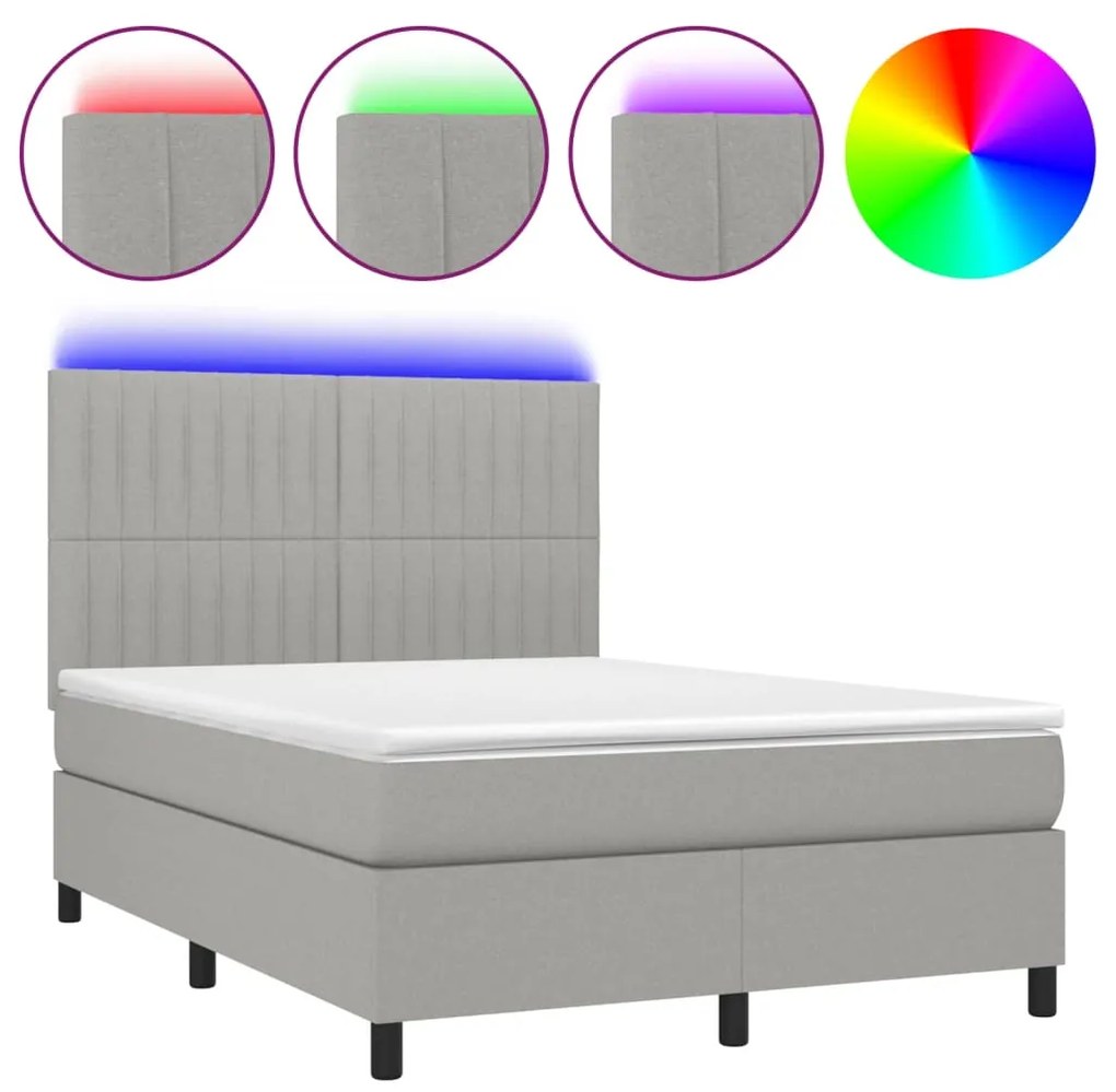 Letto a molle materasso e led grigio chiaro 140x200 cm tessuto