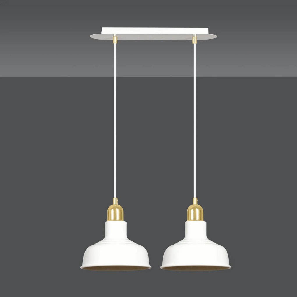 Lampadario Industrial 2 Luci Kubera In Acciaio Bianco Con Elementi In Oro