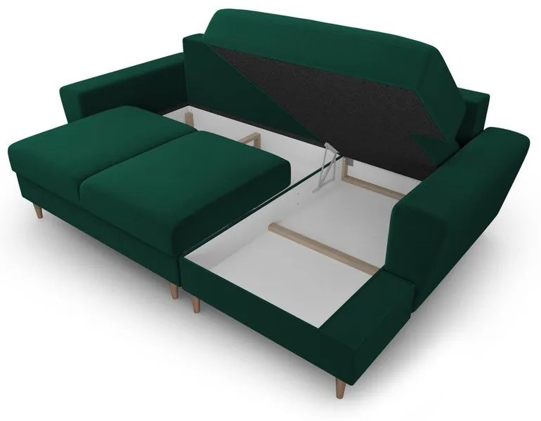 Divano angolare verde allungabile e con contenitore (con penisola a destra/con chaise lounge) con rivestimento in velluto Kyoto – Cosmopolitan Design