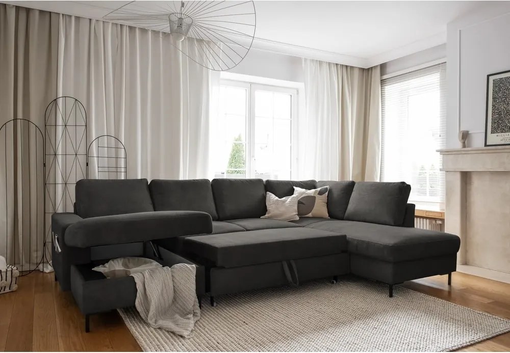 Divano letto angolare in velluto a coste grigio scuro (angolo destro) Lofty Lilly - Miuform