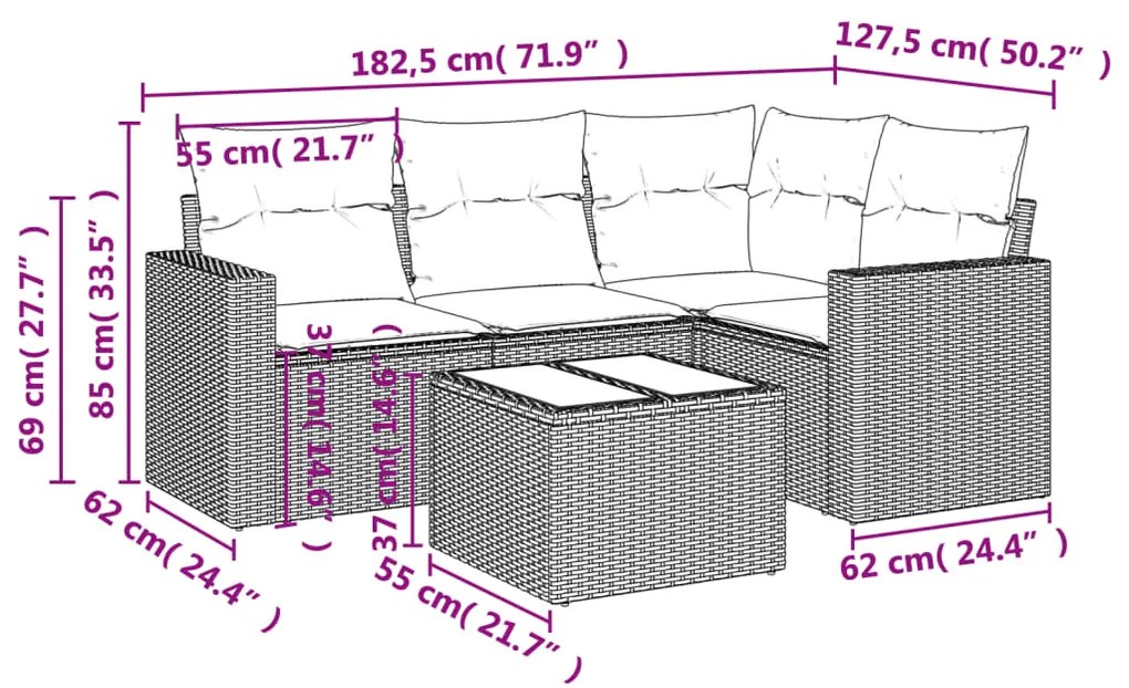 Set divano da giardino 5pz con cuscini grigio chiaro polyrattan