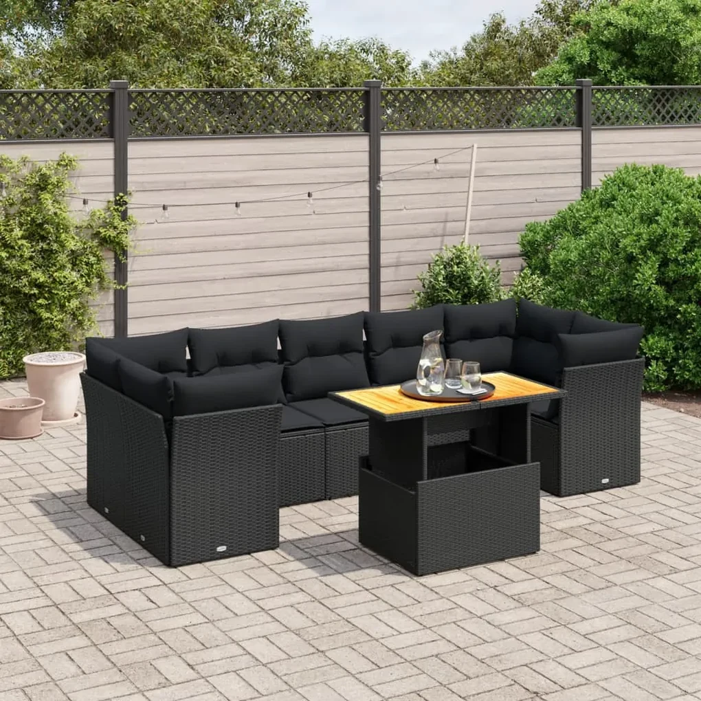 Set divani da giardino con cuscini 8 pz nero in polyrattan