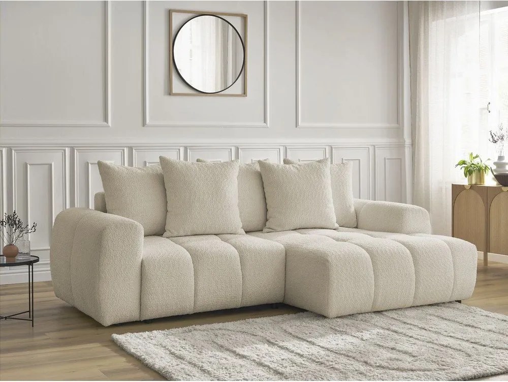 Divano angolare beige allungabile/con contenitore (con penisola a destra/con chaise lounge) con rivestimento in bouclé Roxelane – Bobochic Paris