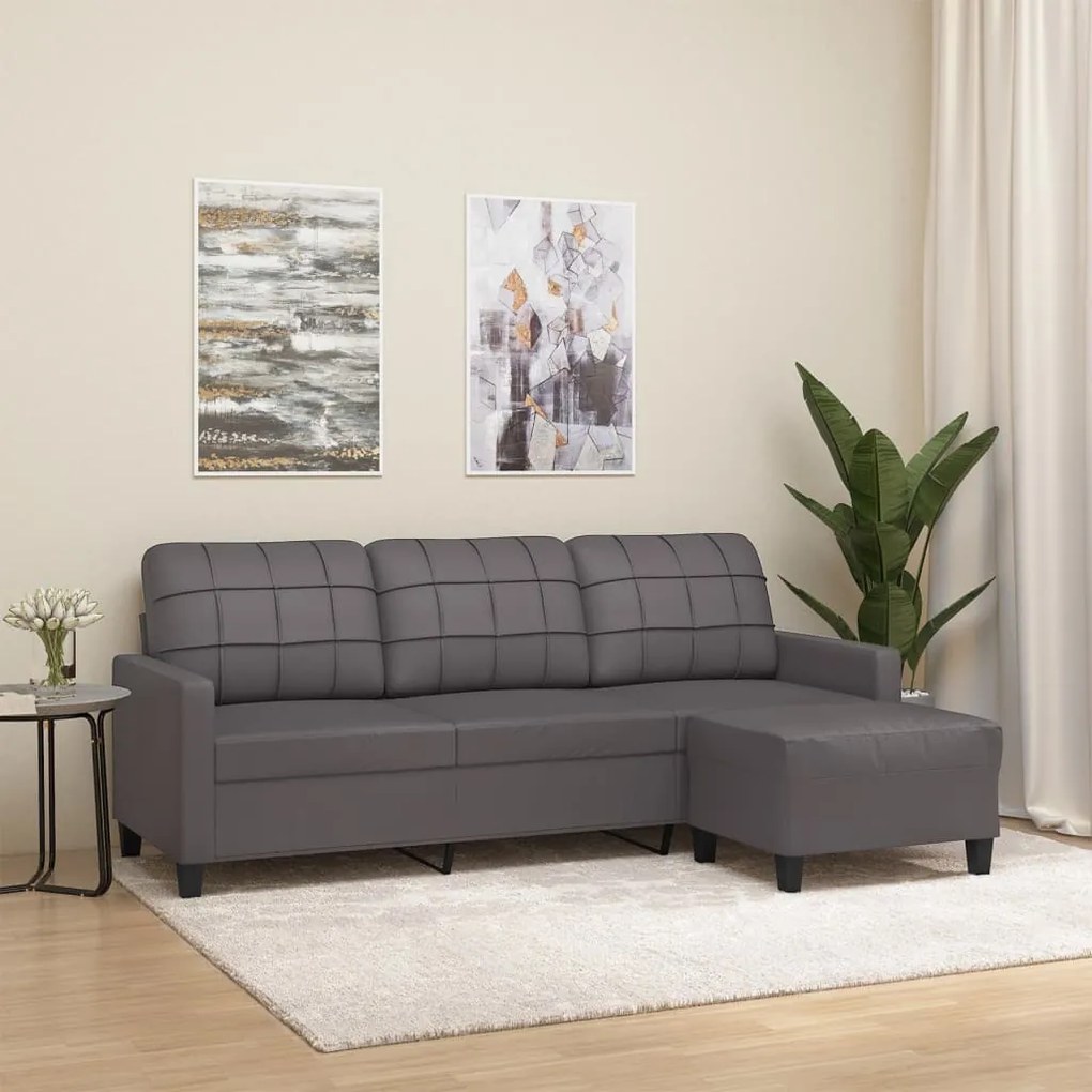 Divano A 3 Posti Con Poggiapiedi Grigio 180 Cm İn Similpelle /