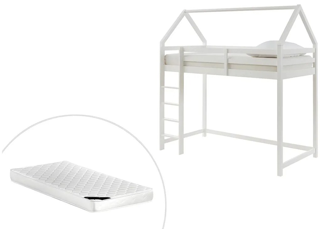 Letto a soppalco capanna 90 x 190 cm Pino Bianco + Materasso - TARZIA