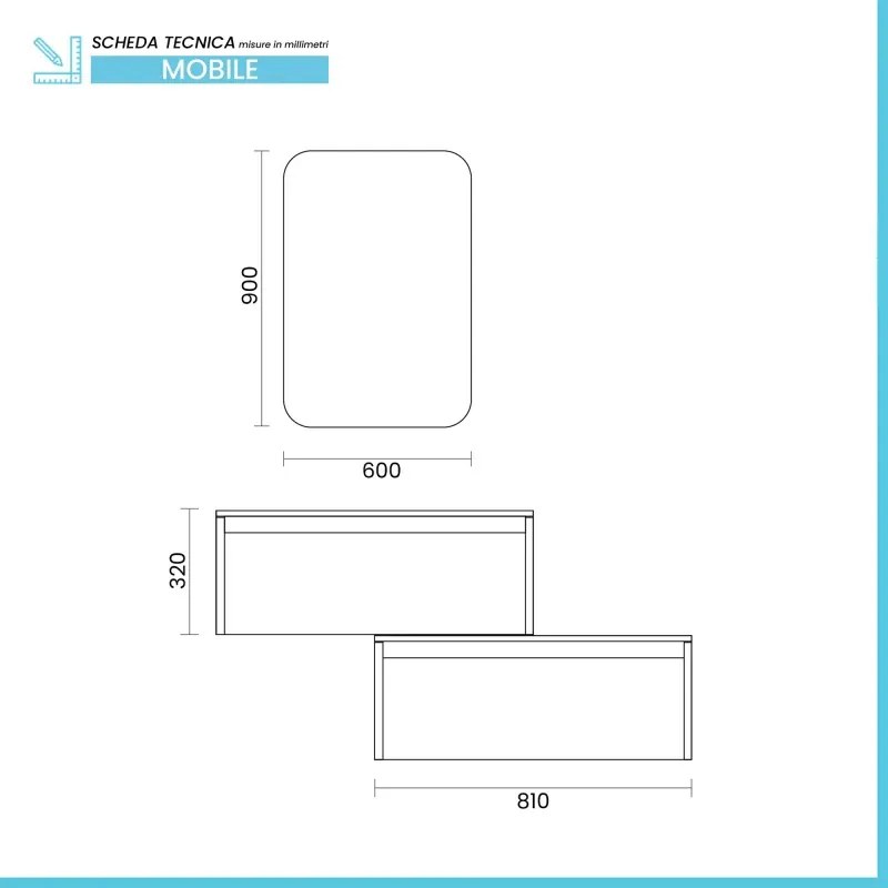 Mobile bagno sospeso 80 cm in legno tabacco e tortora con 2 cassetti, lavabo e specchio Smok