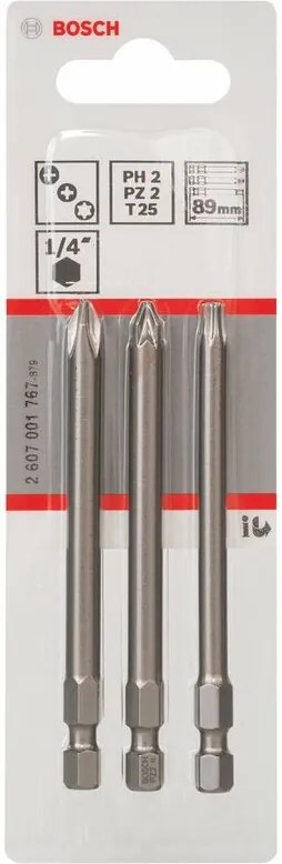 Bosch Professional Set di bit di avvitamento da 3 pz. Extra-Hard PH2, PZ2, T25, 89 mm