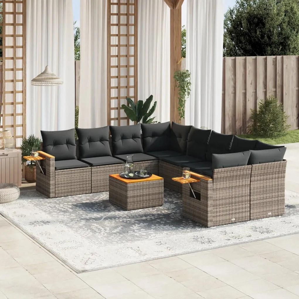 Set divano da giardino 9 pz con cuscini grigio in polyrattan