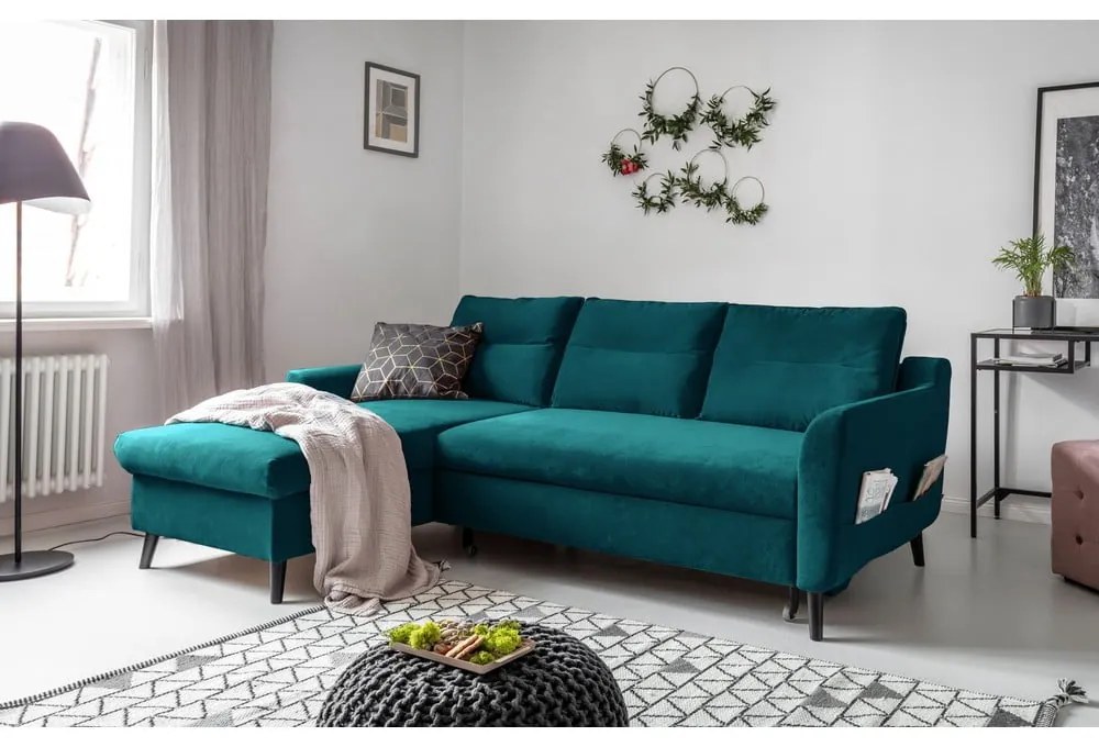 Divano letto angolare in velluto turchese, angolo sinistro Stylish Stan - Miuform