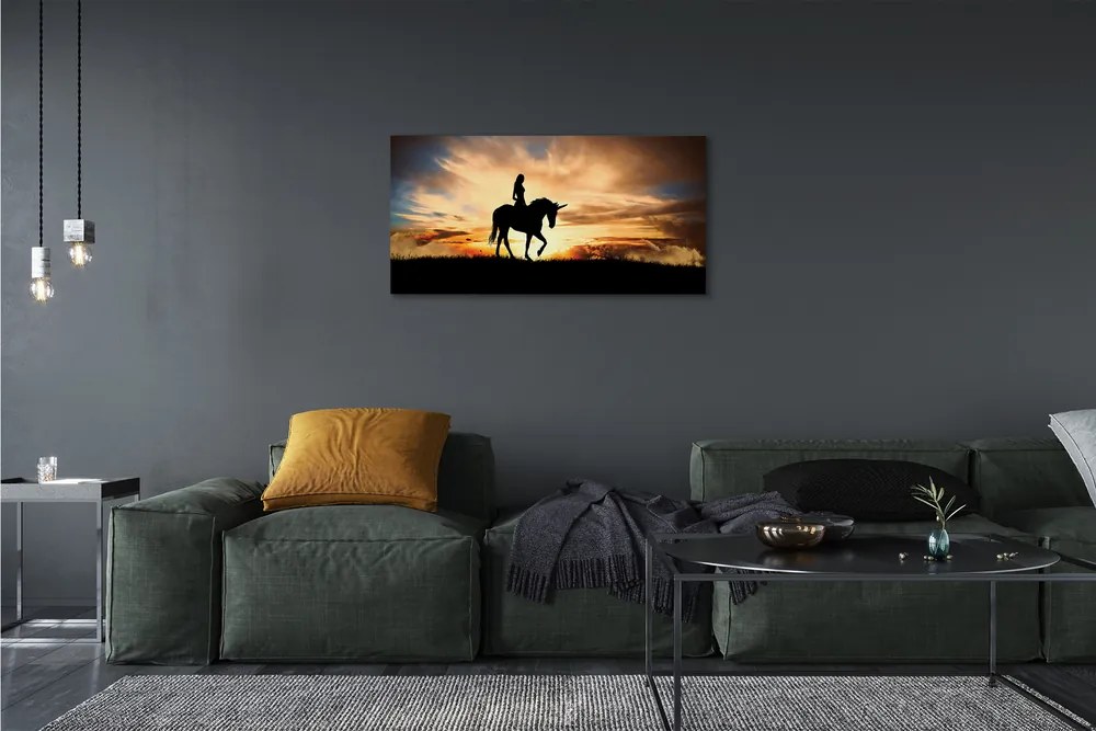 Quadro stampa su tela Una donna su un tramonto unicorno 100x50 cm