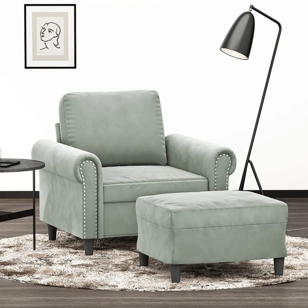 Poltrona Con Poggiapiedi Grigio Chiaro 60 Cm İn Velluto /