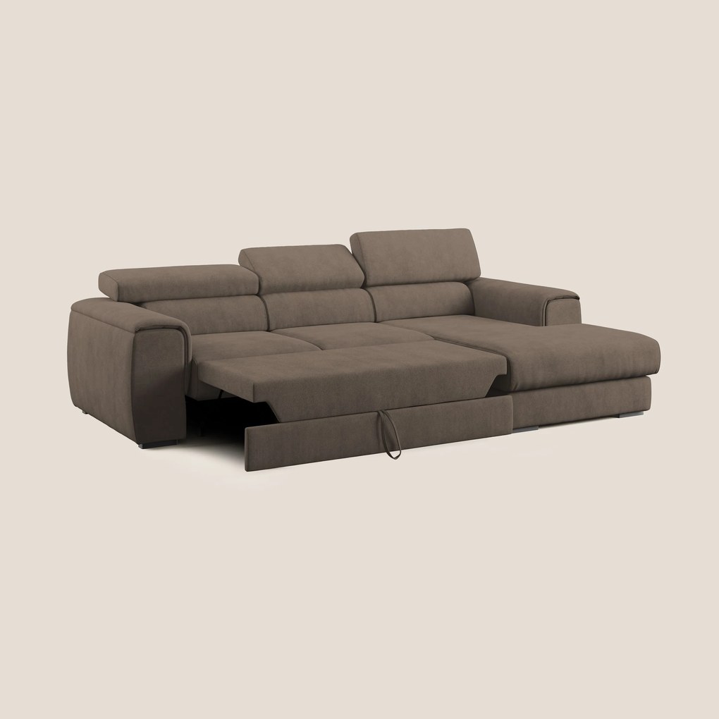 Zeno Divano angolare con pouf estraibile poggiapiedi in tessuto morbido impermeabile T02 marrone