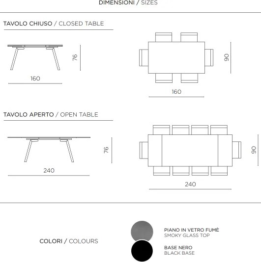 Tavolo allungabile a 240 cm con piano in vetro Fumč e base in metallo TAO