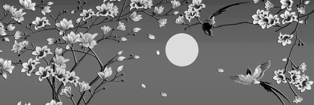 Stampa su tela – Uccellini in bianco e nero sul ramo dell'albero
