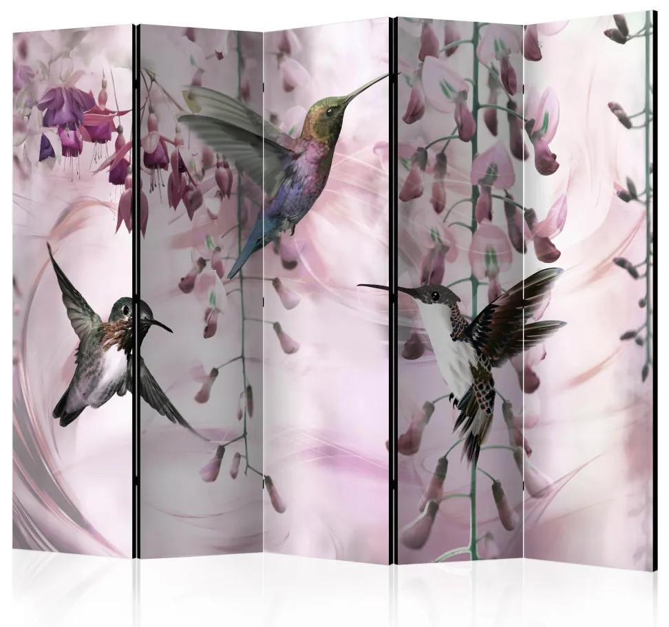 Paravento design Colibri volanti (rosa) II (5 parti) - uccelli colorati nella natura