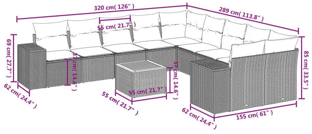 Set divani da giardino 11 pz con cuscini in polyrattan nero