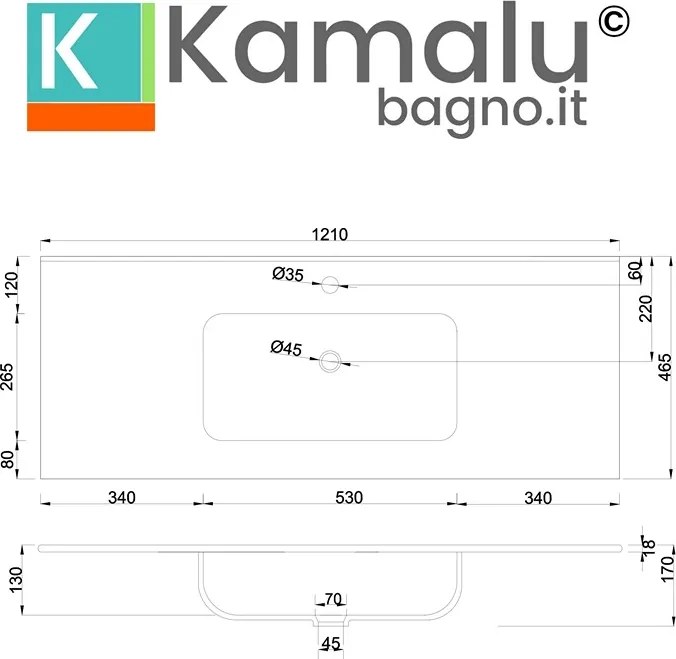Lavabo da incasso per mobili 121 cm in ceramica bianca | Litos-K7012 - KAMALU