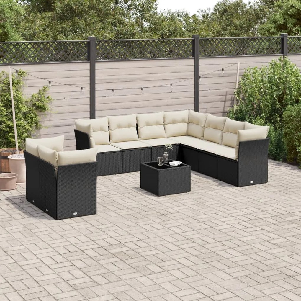 Set divani da giardino 10pz con cuscini in polyrattan nero