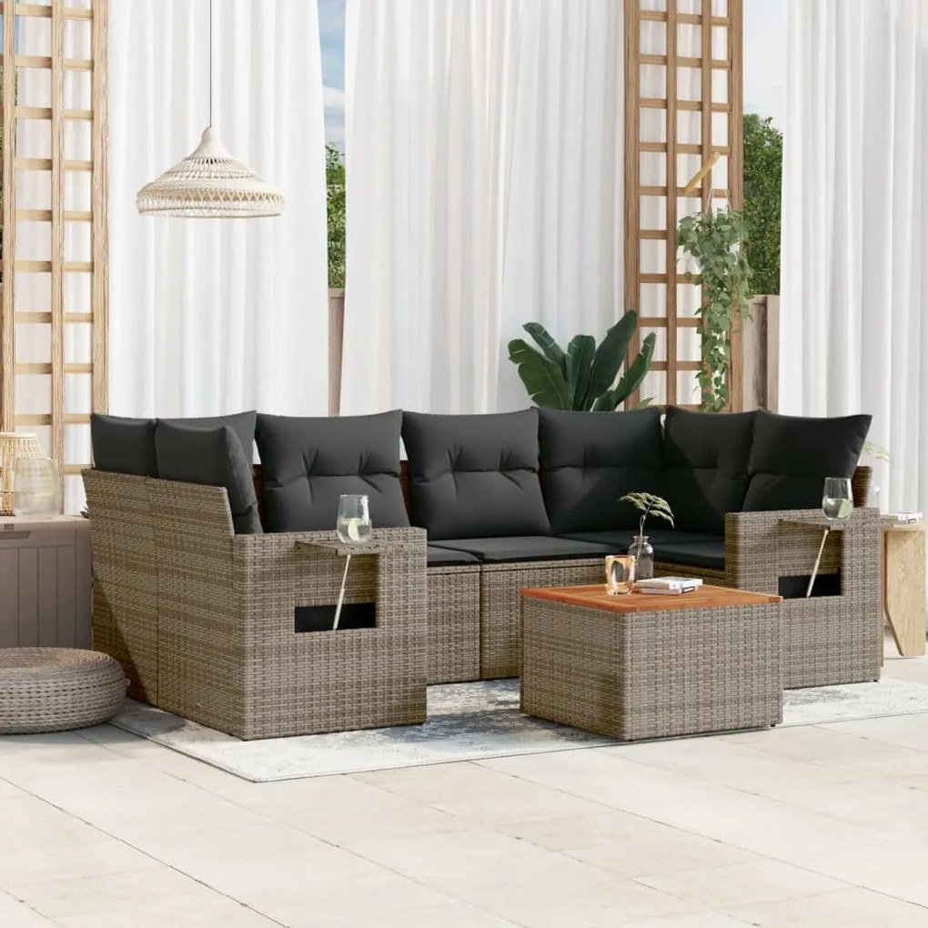 Set divani da giardino 7 pz con cuscini grigio in polyrattan