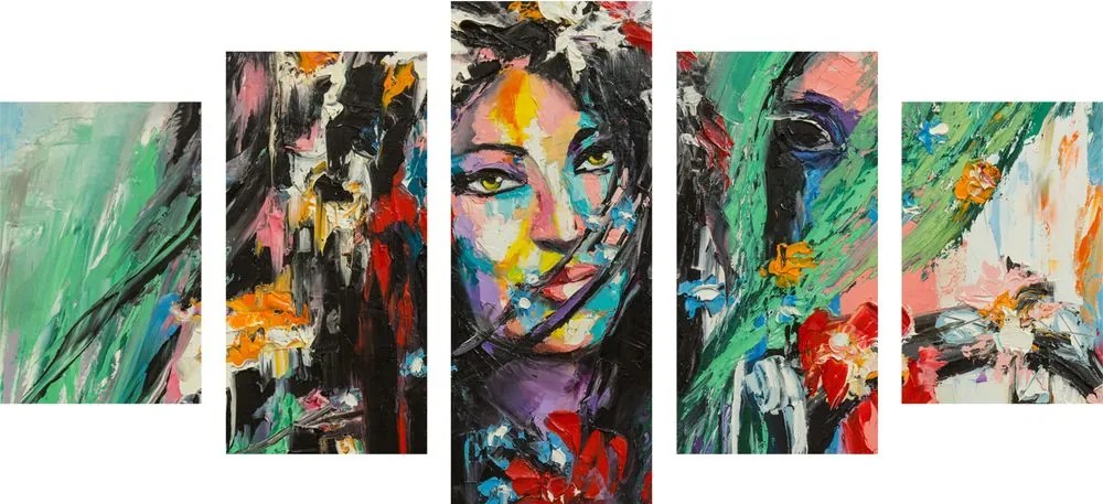 Quadri 5 pezzi – Pittura a olio donna e cavallo