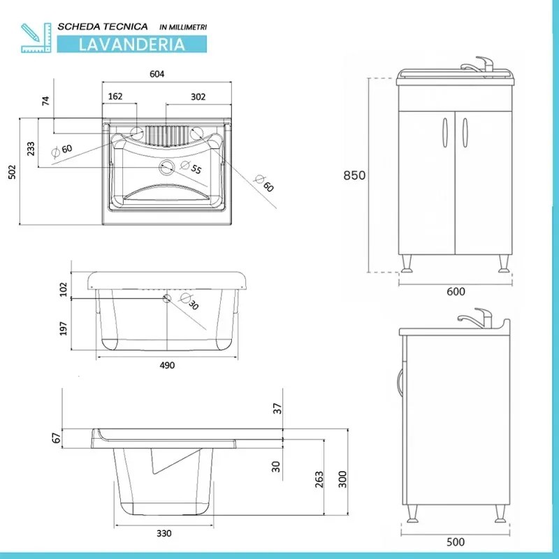 Set da 60 cm con lavatoio colonna e pensile in legno nobilitato bianco Fedra