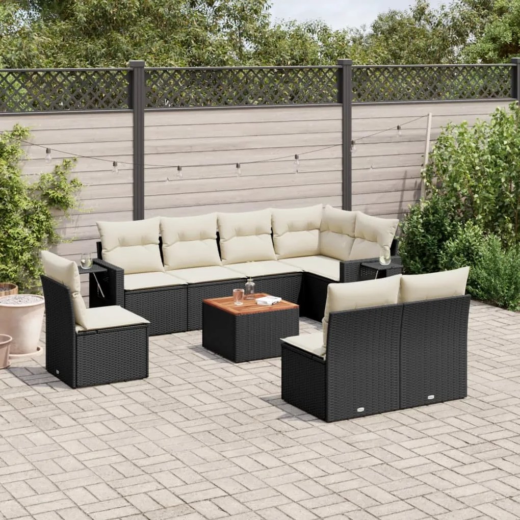 Set divani da giardino 9 pz con cuscini nero in polyrattan