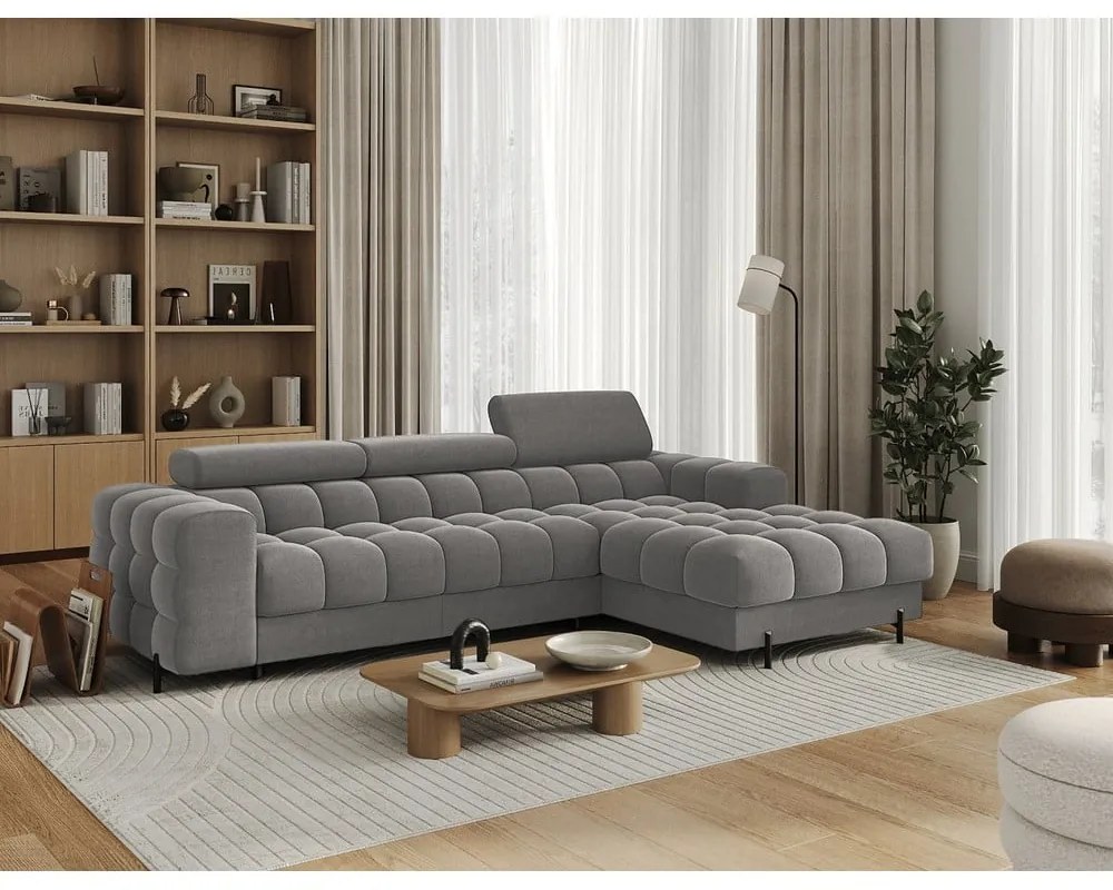 Divano angolare grigio tortora allungabile/con contenitore (con penisola a destra/con chaise lounge) con rivestimento in velluto Felro – ELTAP