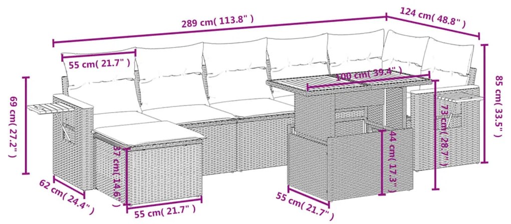 Set divano da giardino 8 pz con cuscini beige in polyrattan