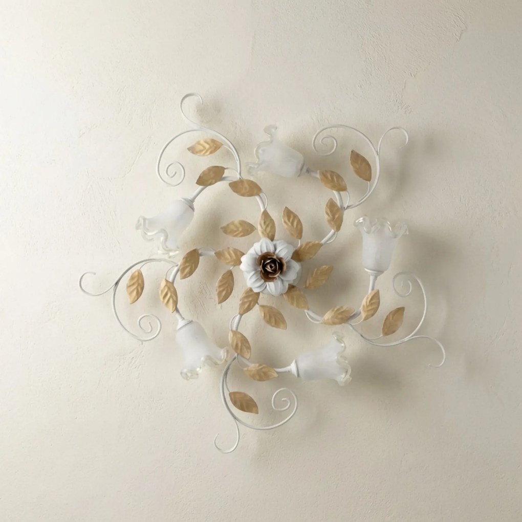 Plafoniera Arte Povera Cesto Metallo Bianco E Oro 5 Luci E14