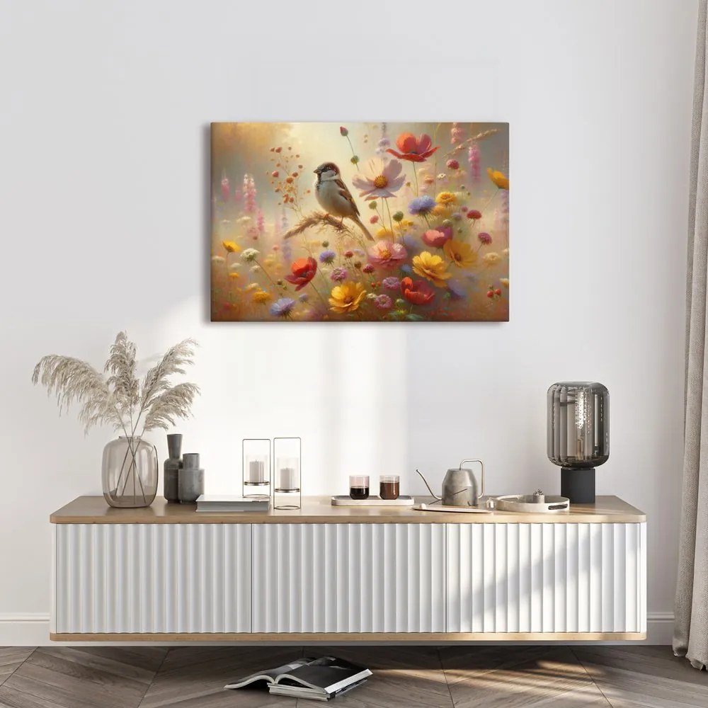 Quadro su tela – Passero nel giardino fiorito