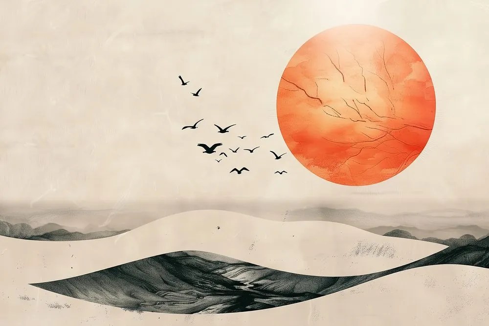 Stampa su tela – Japandi paesaggio con luna arancione