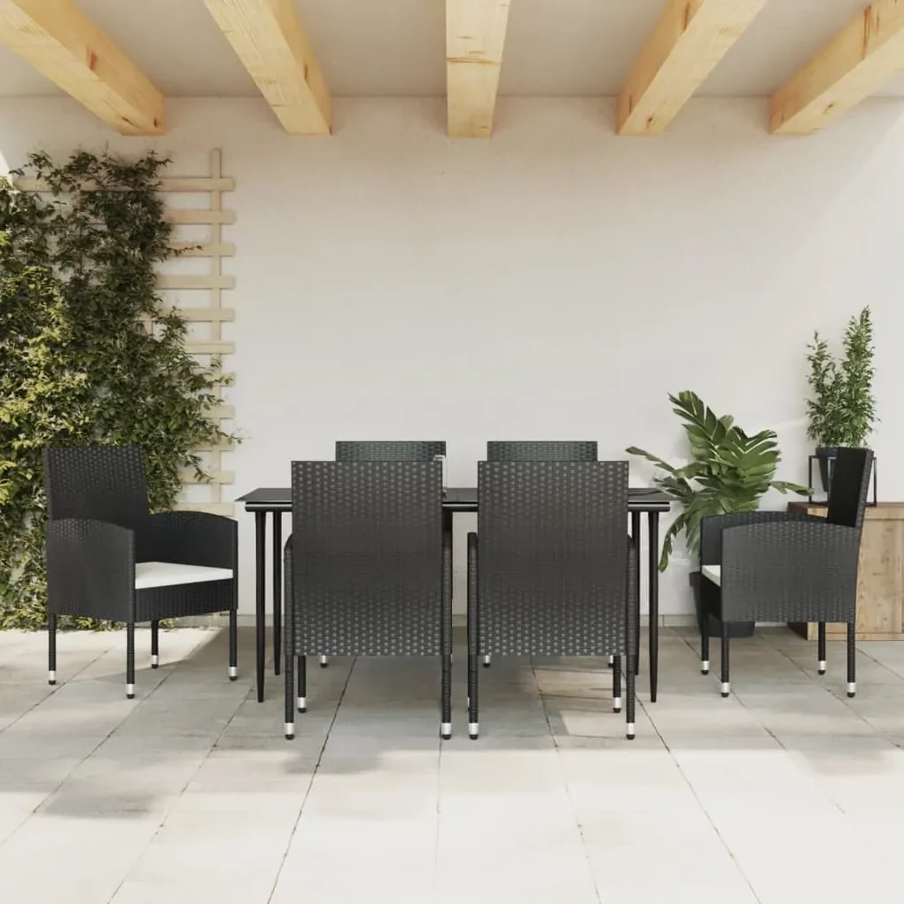 Set da pranzo da giardino 7 pz nero in polyrattan e acciaio