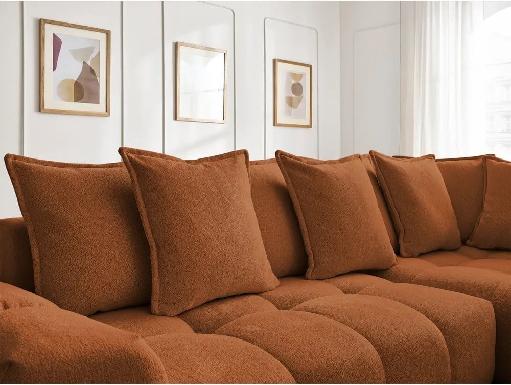 Divano angolare color terracotta allungabile e con contenitore (penisola a destra/a L) con rivestimento in ciniglia Everest – Bobochic Paris