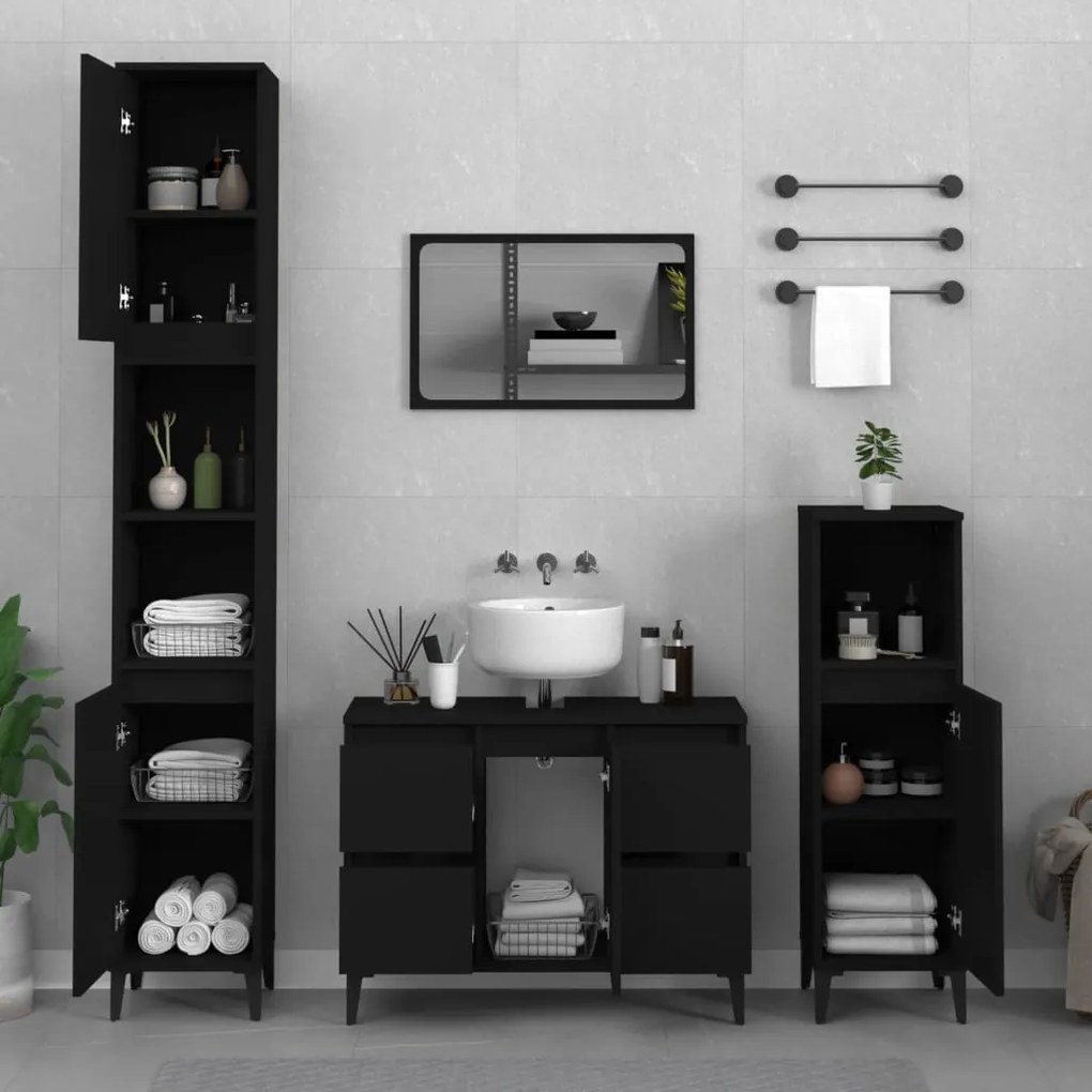 Set Mobili Da Bagno 3 Pz Nero İn Legno Multistrato /