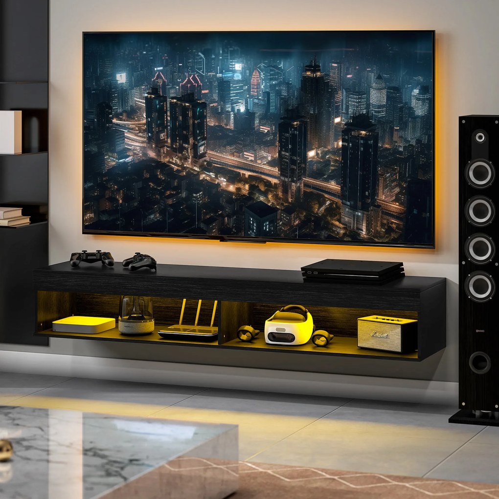 Mobile TV fino 75" Sospeso con Luci LED 16 Colori e Telecomando 180x40x30 cm Nero...