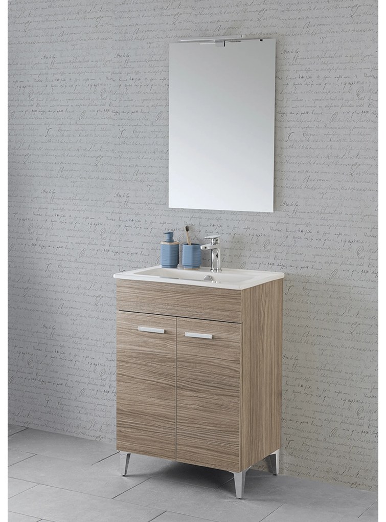 Mobili Bagno a Terra 60 Cm Due Ante Specchio Con Lampada Led 50x70 Cm Feridras "Greta" Rovere Tropea