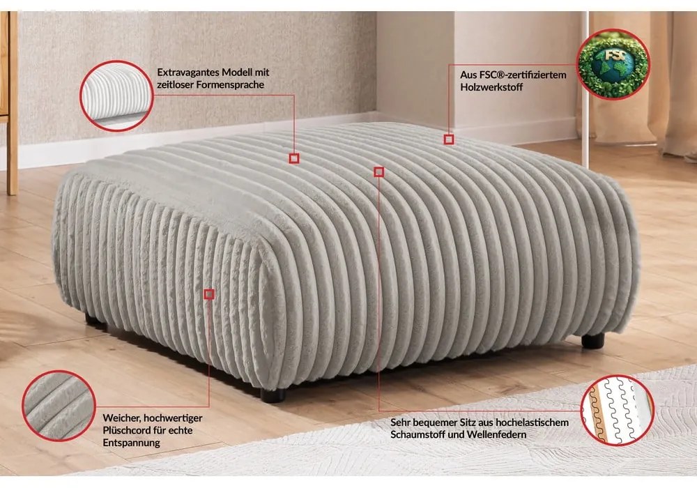 Poggiapiedi grigio chiaro con rivestimento in velluto a coste Justin – Ropez