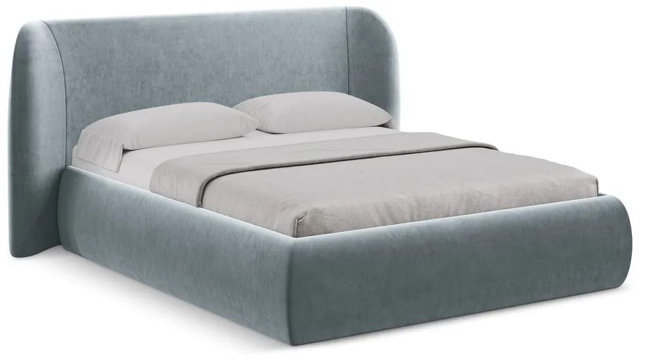 Letto matrimoniale imbottito blu chiaro con contenitore con griglia 160x200 cm Hauke - Makamii