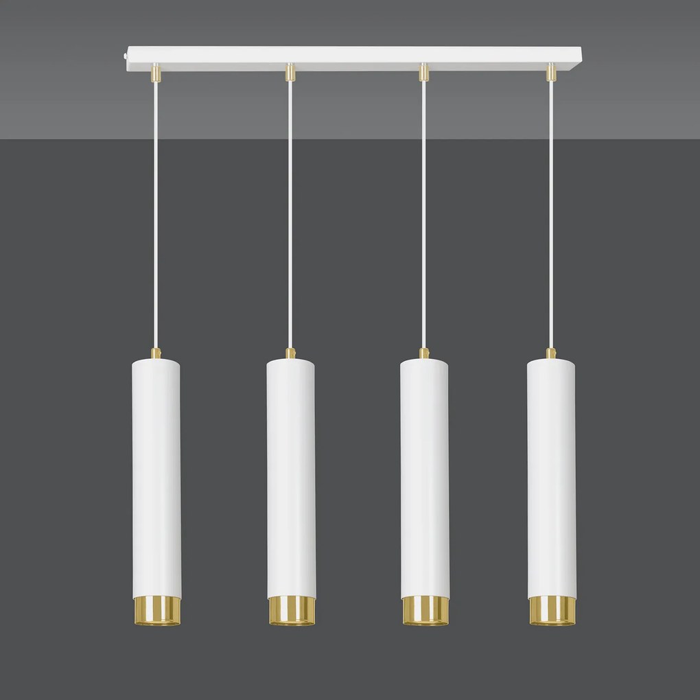Lampadario 4 Luci Brunilde In Acciaio Bianco E Tubolari In Bianco E Oro