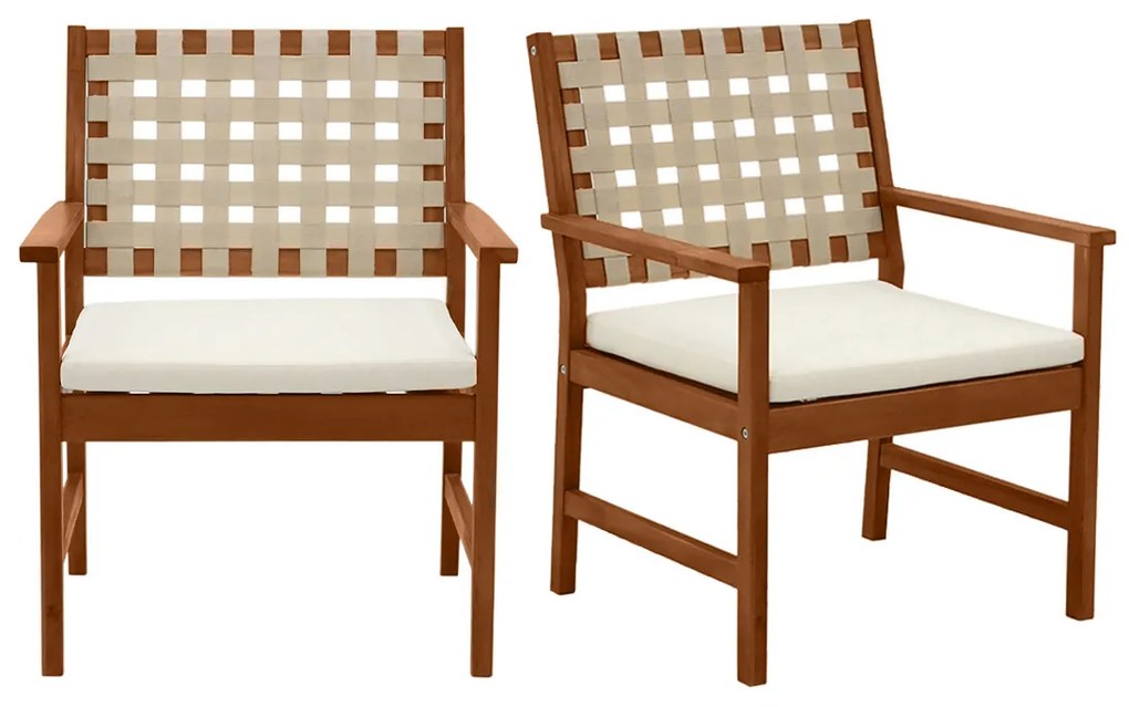 Poltrona da giardino in legno massello con cuscino bianco e strisce beige (set di 2) SANTANA