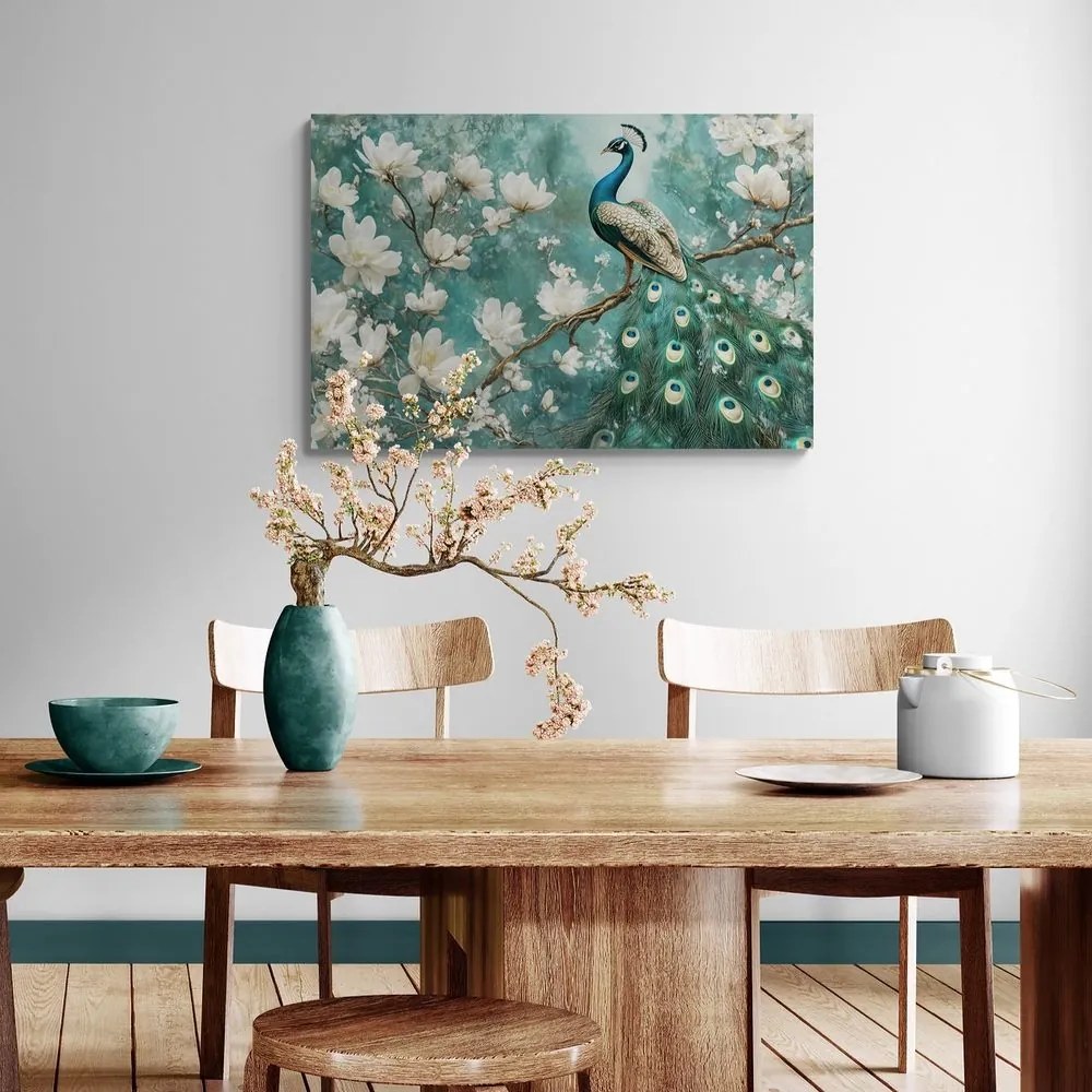 Quadro su tela – Pavone circondato da fiori bianchi