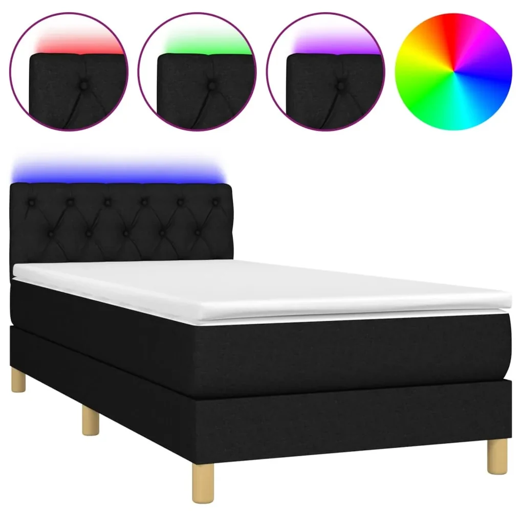 Letto a molle con materasso e led nero 80x200 cm in tessuto