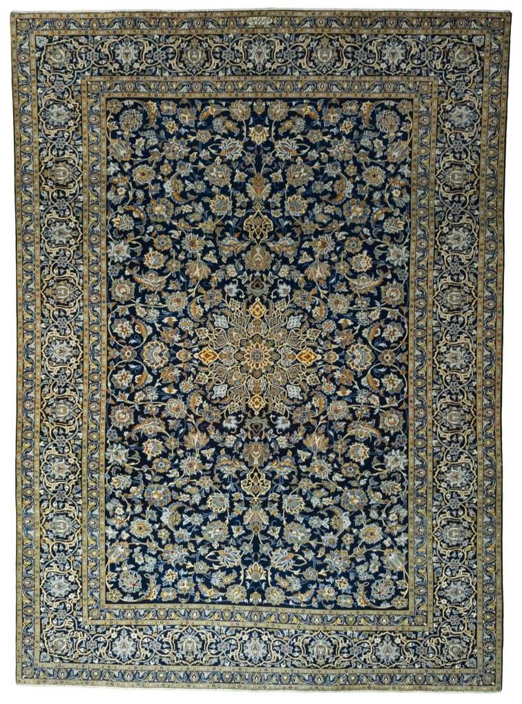 Kashan Tappeto 390 x 280 Blu (Iran) Annodato A Mano
