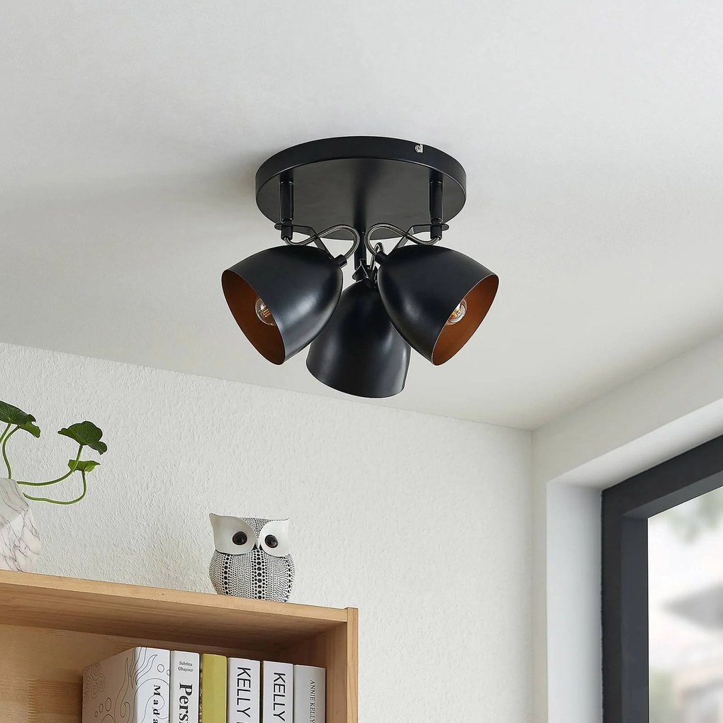 Lindby Fintja rondò soffitto, nero/oro, 3 luci