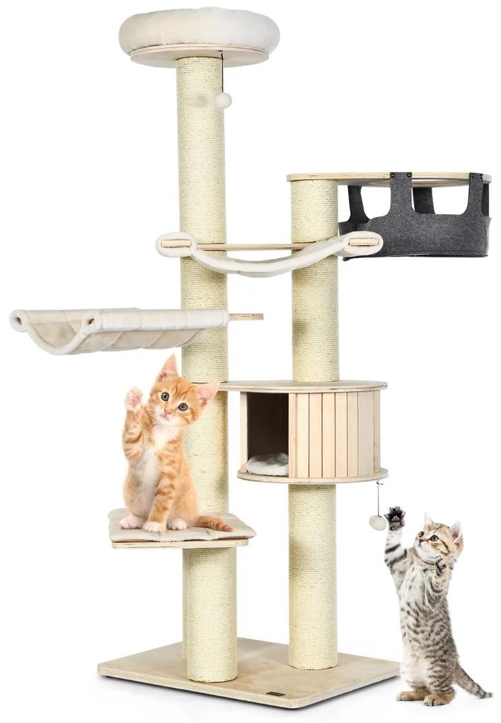 Costway Albero per gatti alto 197cm con nicchia in legno amache e cestello sospeso, Torre per gatti a più livelli Beige