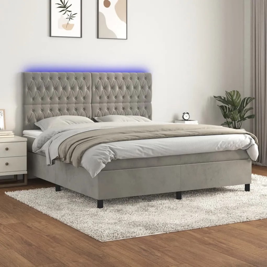 Letto a molle materasso e led grigio chiaro 180x200 cm velluto