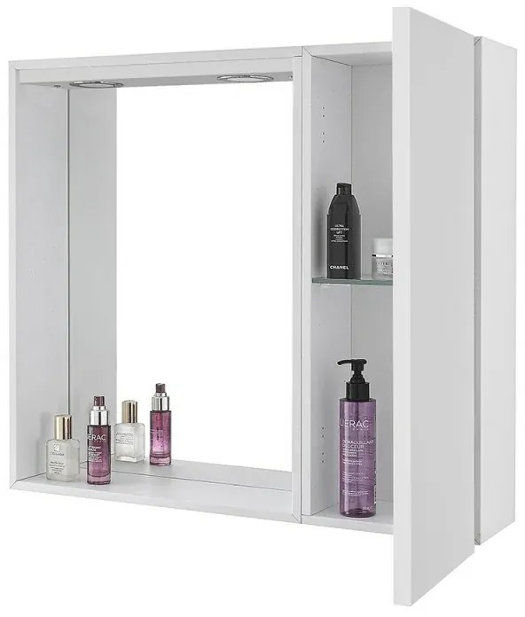 Specchio contenitore 68x61 cm bianco lucido con anta a destra e LED