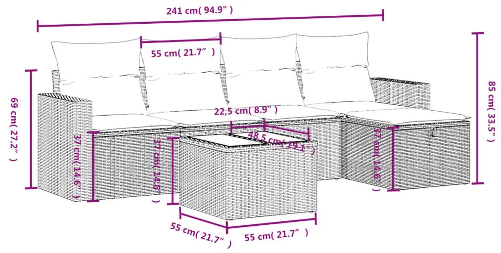 Set divano da giardino 6 pz con cuscini beige misto polyrattan