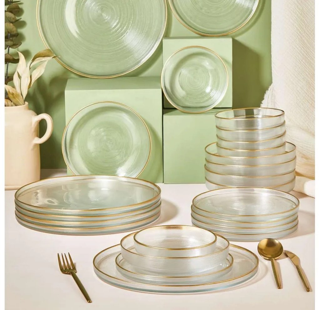 Set da tavola 24 pezzi in vetro trasparente con finiture oro