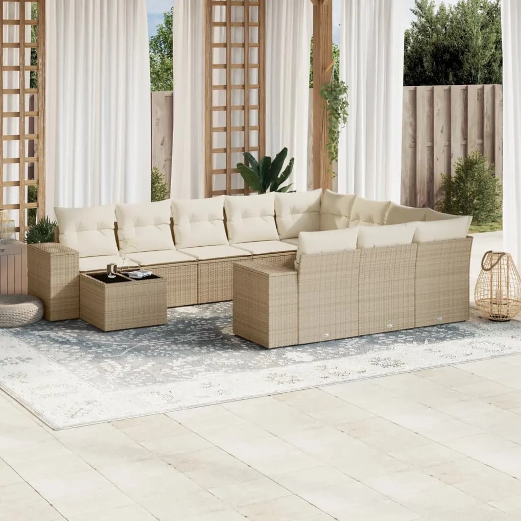 Set divani da giardino 11 pz con cuscini beige in polyrattan